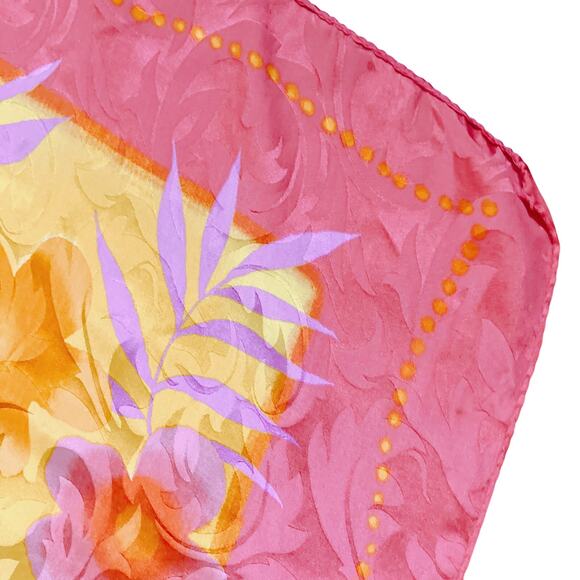 VTG 100% Pure Silk Reine Seide Scarf Tropical Floral Jacquard Pink Orange Square - Picture 6 of 10